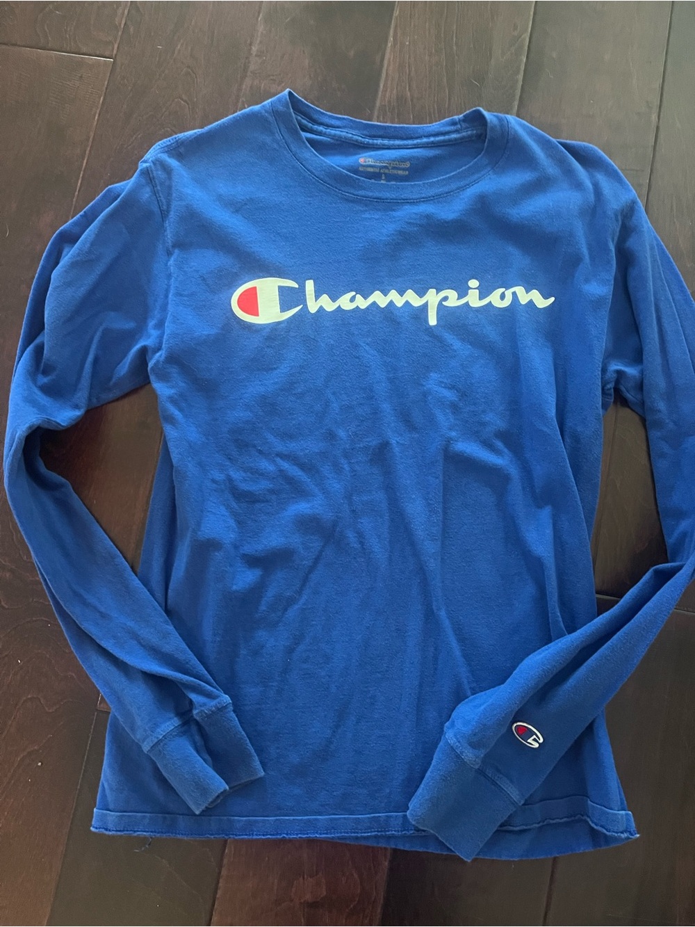 Champion Long Sleeve Tee in Blue with White & Red Logo men’s small